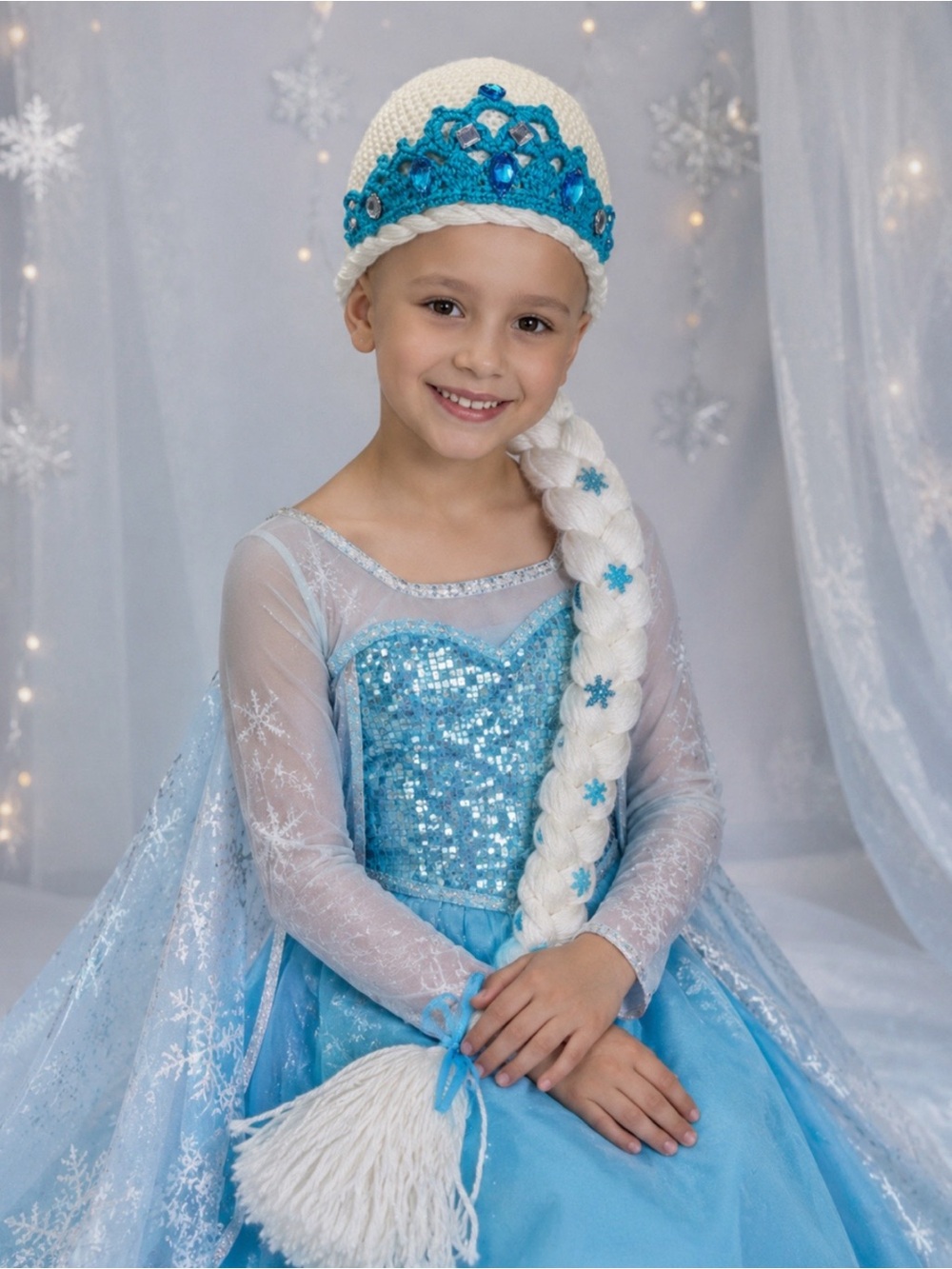 Kids White & Teal Princess Crochet Hat with Braided Ponytail